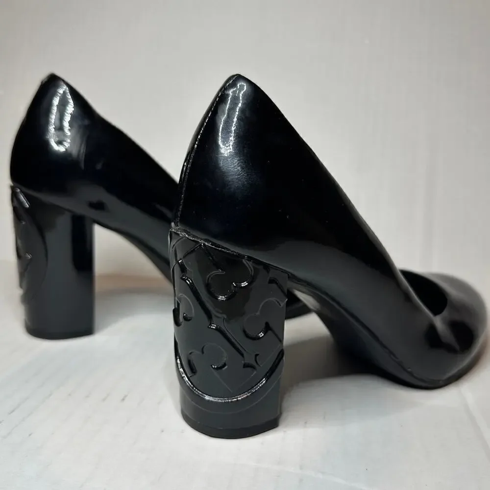 Tory Burch Size 6.5 Logo Black Patent Leather Pump Heels Workwear Office Siren